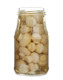 Photo of Glass jar with pickled mushrooms isolated on white