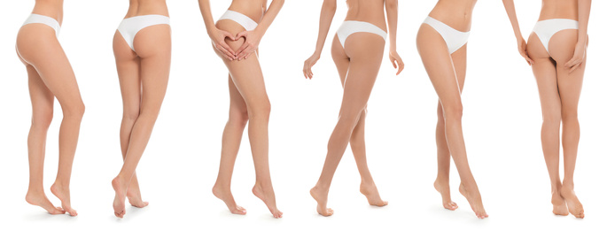 Closeup view of women with slim bodies on white background, collage. Banner design