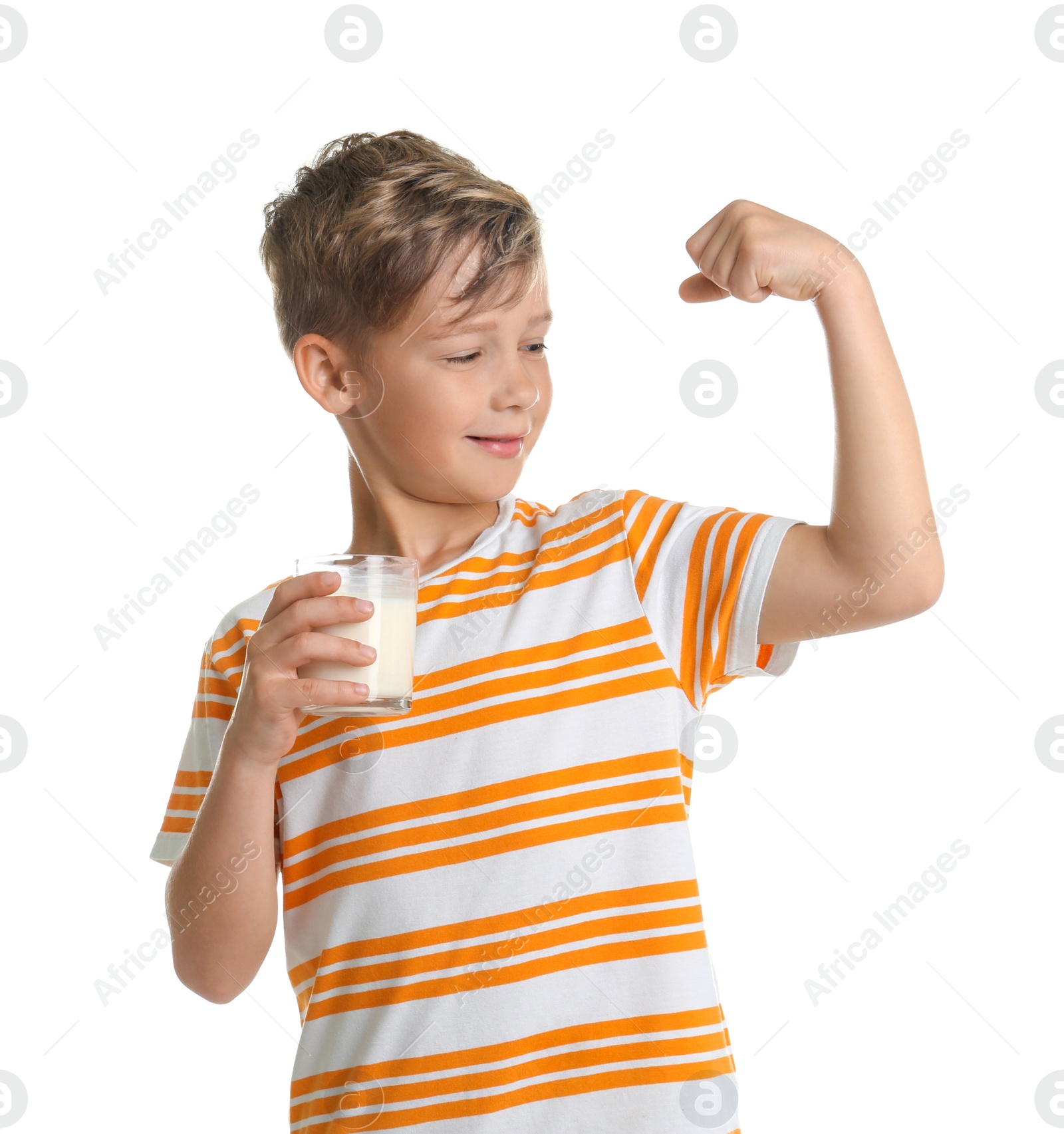 Photo of Adorable little boy with glass of milk on white background