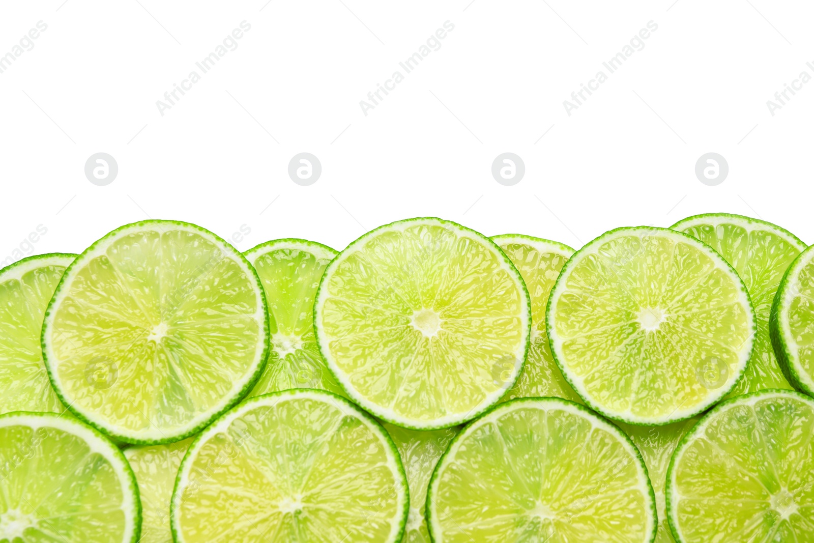 Photo of Fresh juicy lime slices on white background, top view