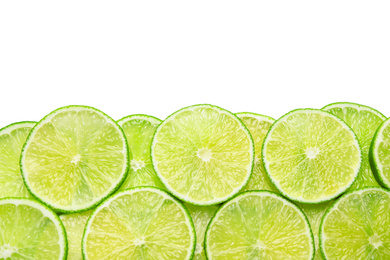 Fresh juicy lime slices on white background, top view