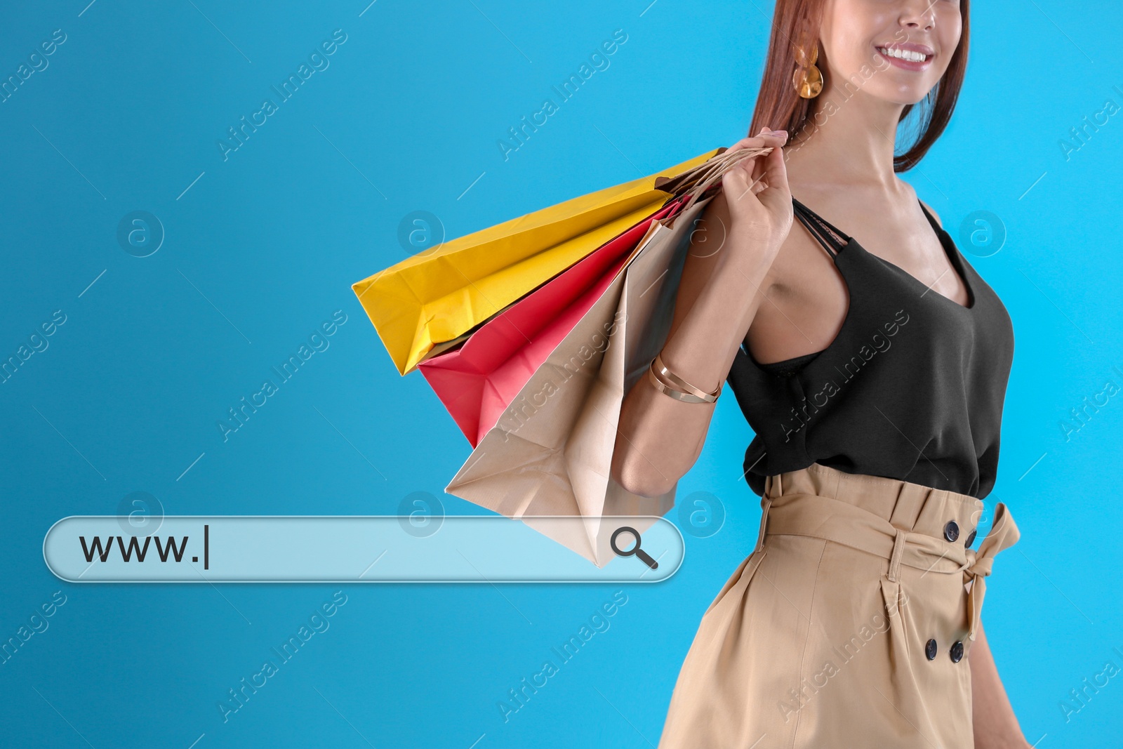 Image of Online shopping. Search bar and woman with paper bags on background