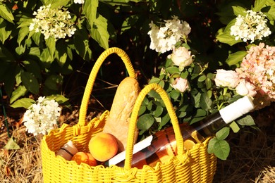 Yellow wicker bag with roses, peaches, baguette and wine on green grass outdoors