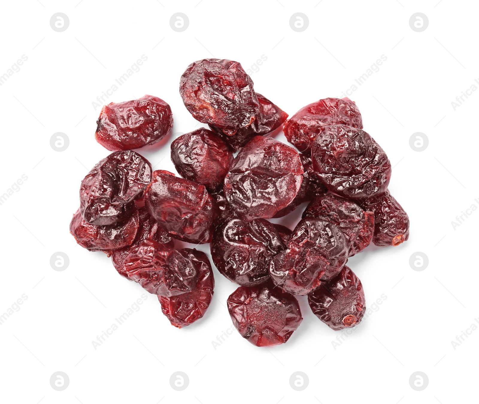 Photo of Tasty dried cranberries isolated on white, top view