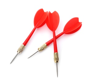 Photo of Sharp bright red darts isolated on white