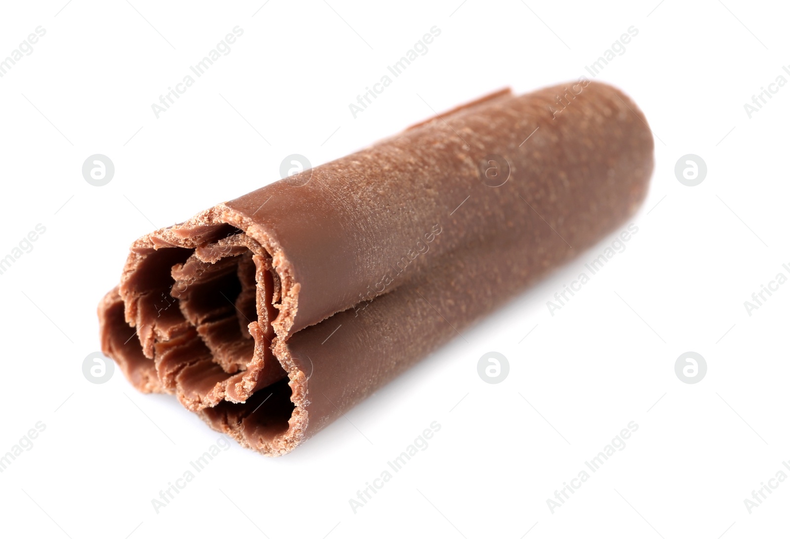 Photo of Curl of tasty chocolate on white background