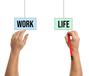 Image of Work-life balance concept. Man with pencil and words on white background, closeup