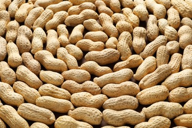 Photo of Many fresh unpeeled peanuts as background, closeup