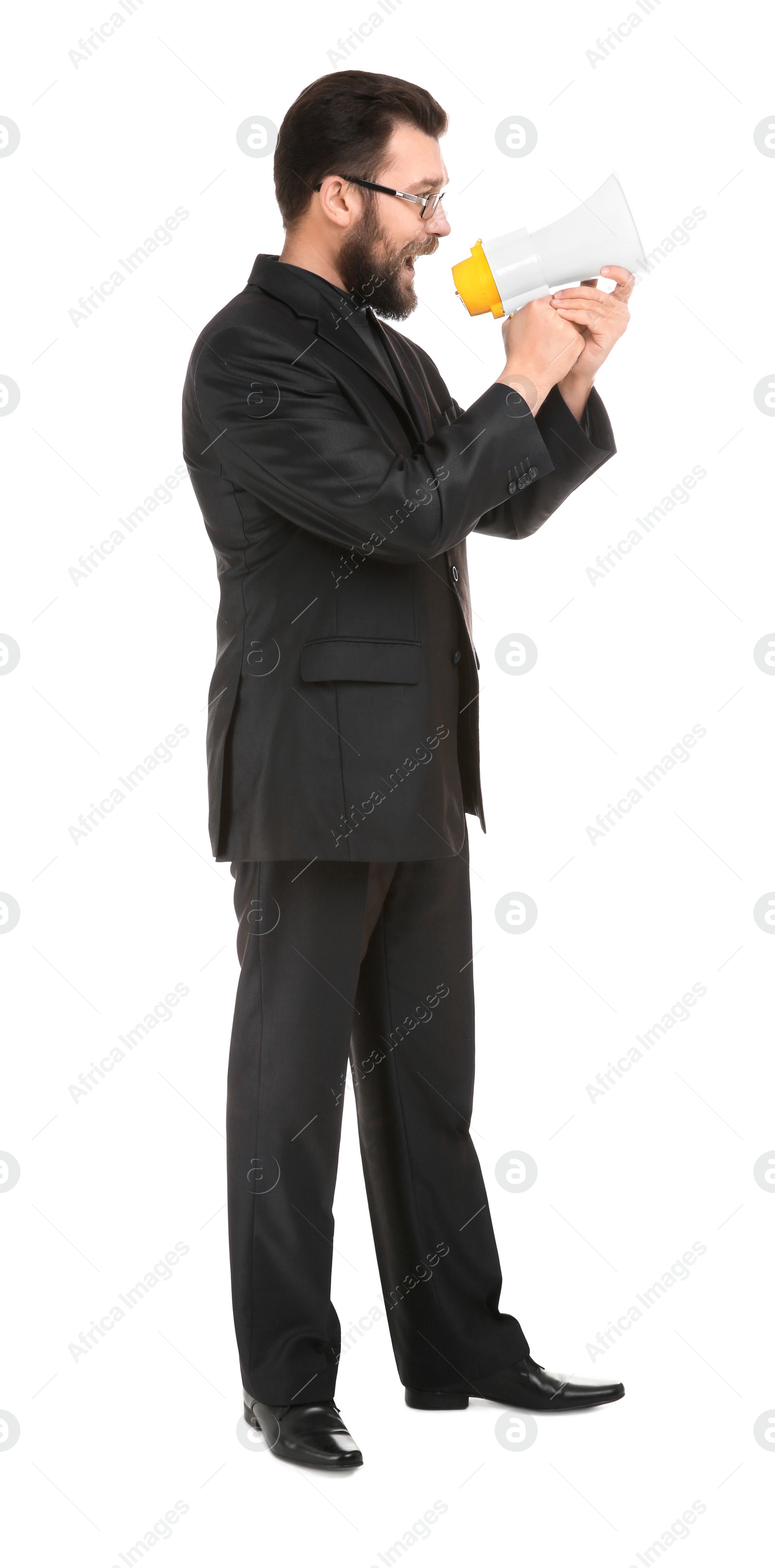 Photo of Businessman with megaphone on white background