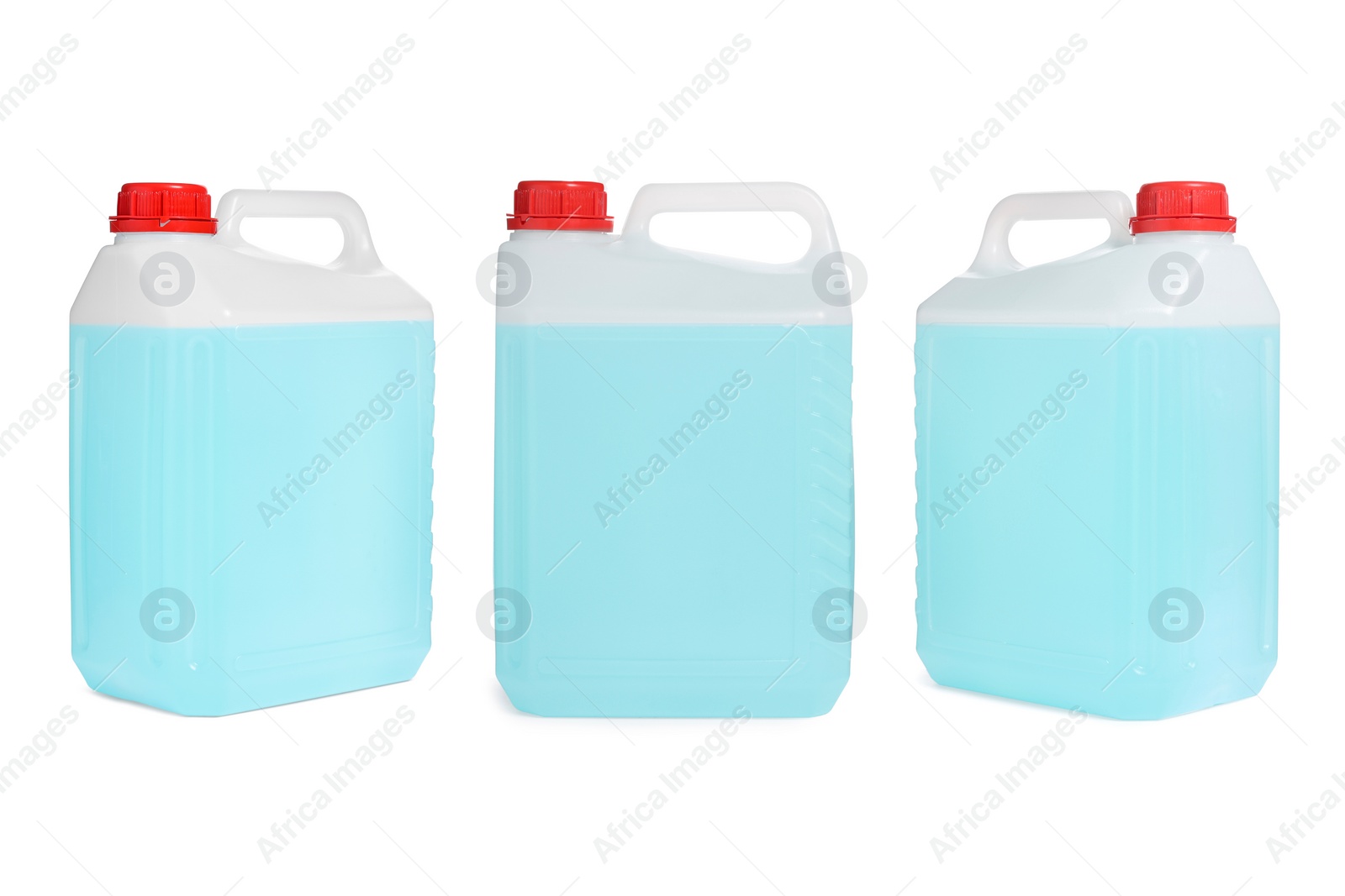 Image of Plastic canister with light blue liquid on white background, different sides