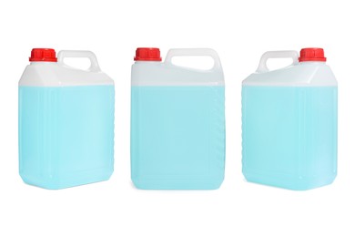 Plastic canister with light blue liquid on white background, different sides