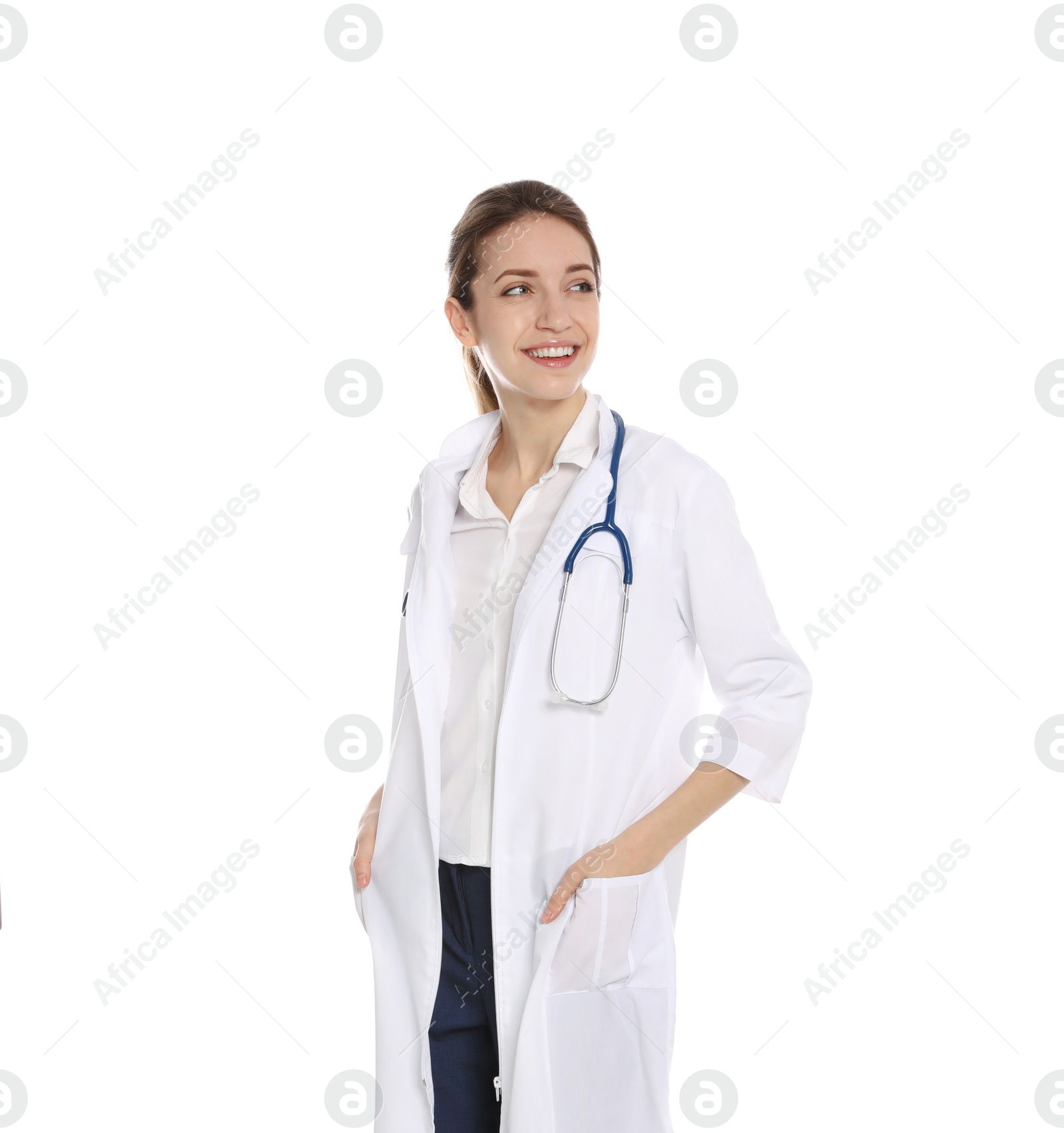 Photo of Portrait of medical doctor with stethoscope isolated on white