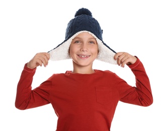 Photo of Cute little boy in hat on white background. Winter season