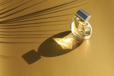 Luxury women's perfume. Sunlit glass bottle on golden background, space for text