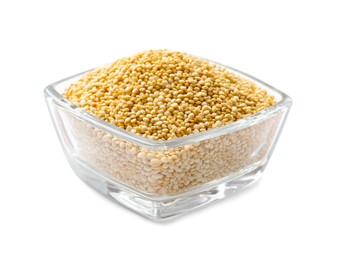 Photo of Raw quinoa in glass bowl isolated on white