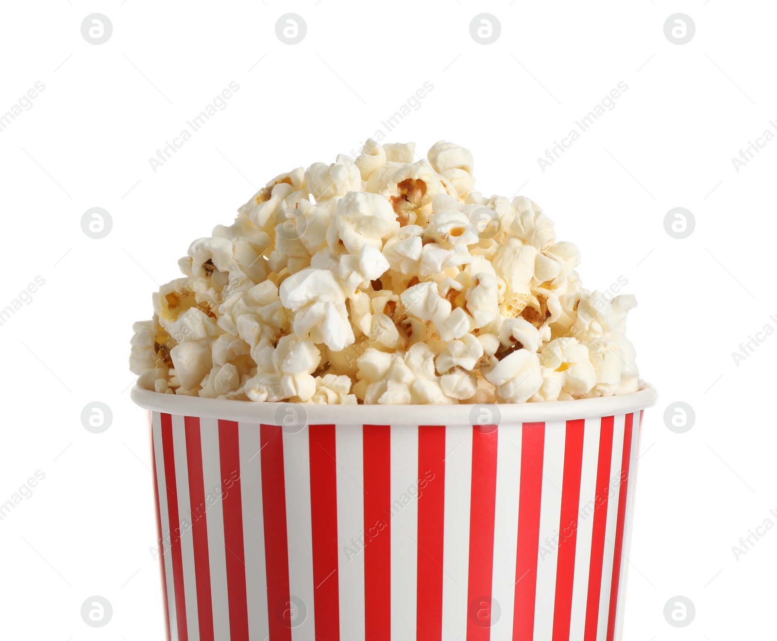 Photo of Delicious popcorn in paper cup isolated on white, closeup