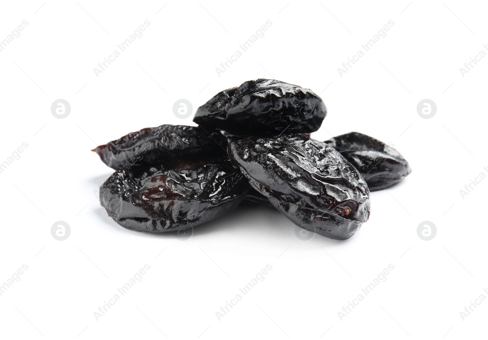 Photo of Heap of tasty prunes on white background. Dried fruit as healthy snack