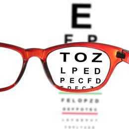 View through glasses on eye chart, white background