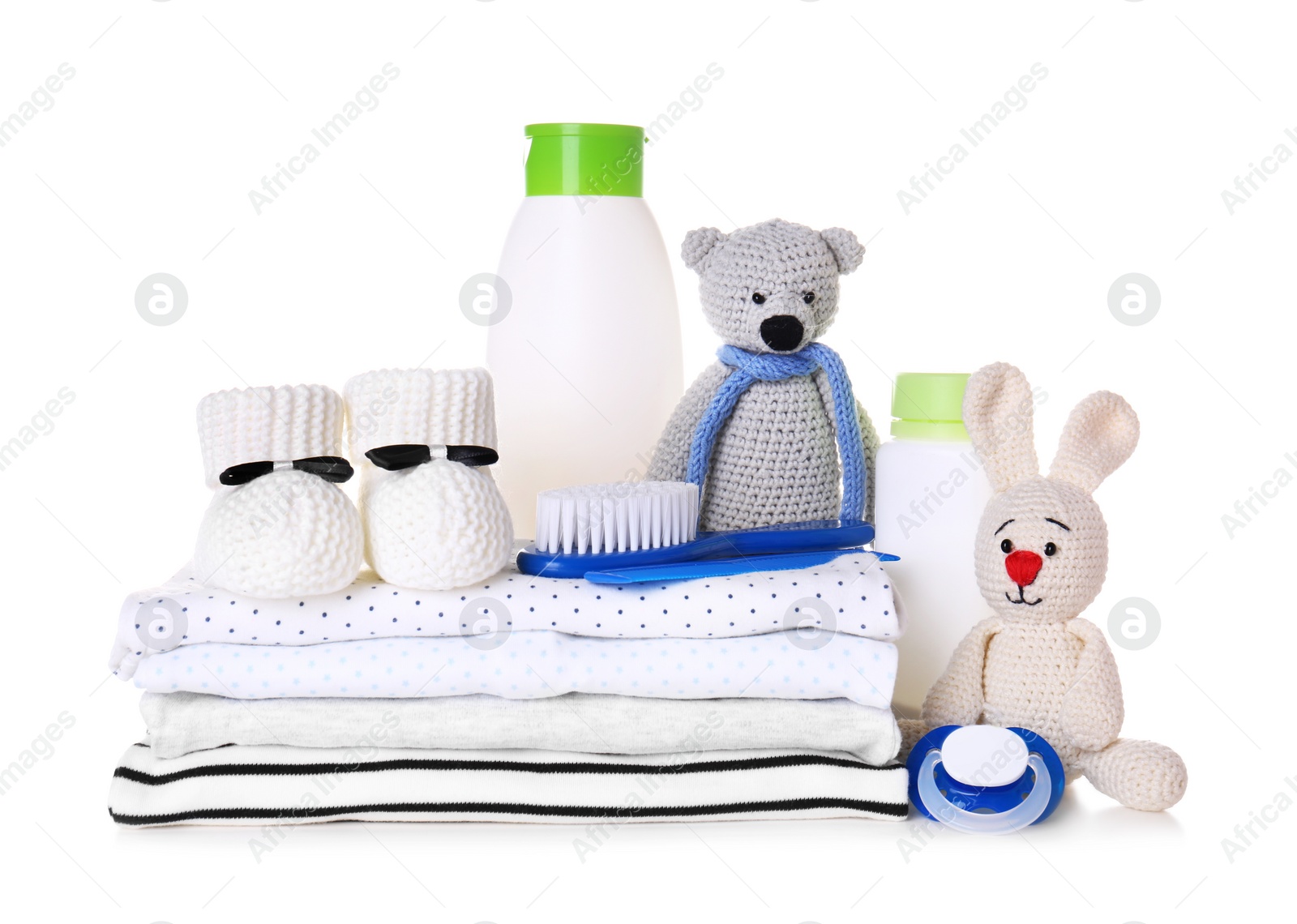 Photo of Set of baby accessories on white background