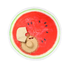 Photo of Round beach towel with watermelon print, sunglasses, straw hat and bag on white background, top view
