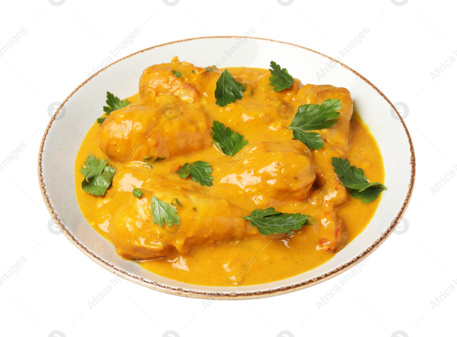 Photo of Tasty chicken curry with parsley isolated on white