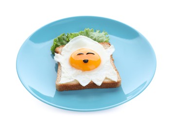 Photo of Halloween themed breakfast isolated on white. Tasty toast with fried egg in shape of ghost