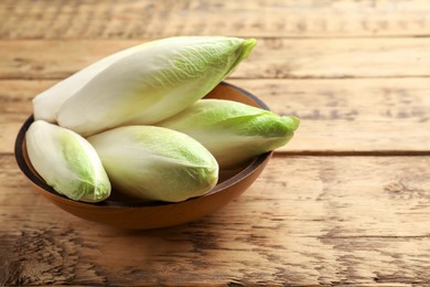 Photo of Fresh raw Belgian endives (chicory) in bowl on wooden table, space for text