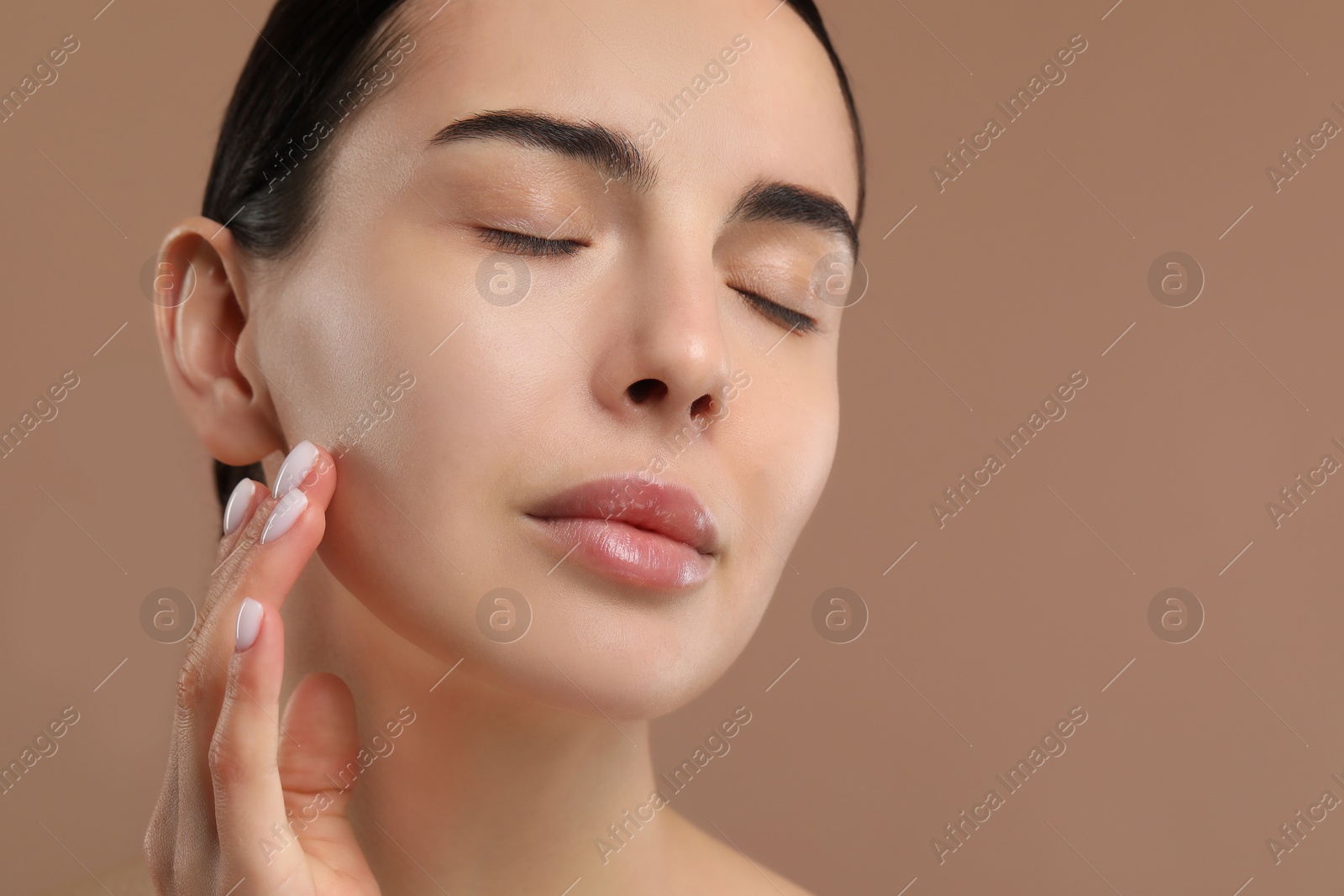 Photo of Woman with dry skin on beige background, closeup. Space for text