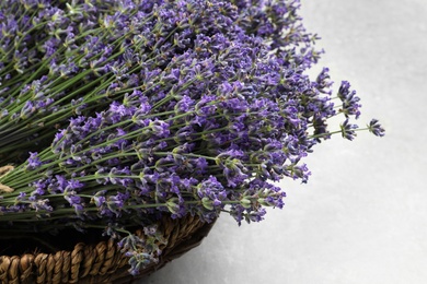 Fresh lavender flowers in basket on grey stone table, closeup view. Space for text