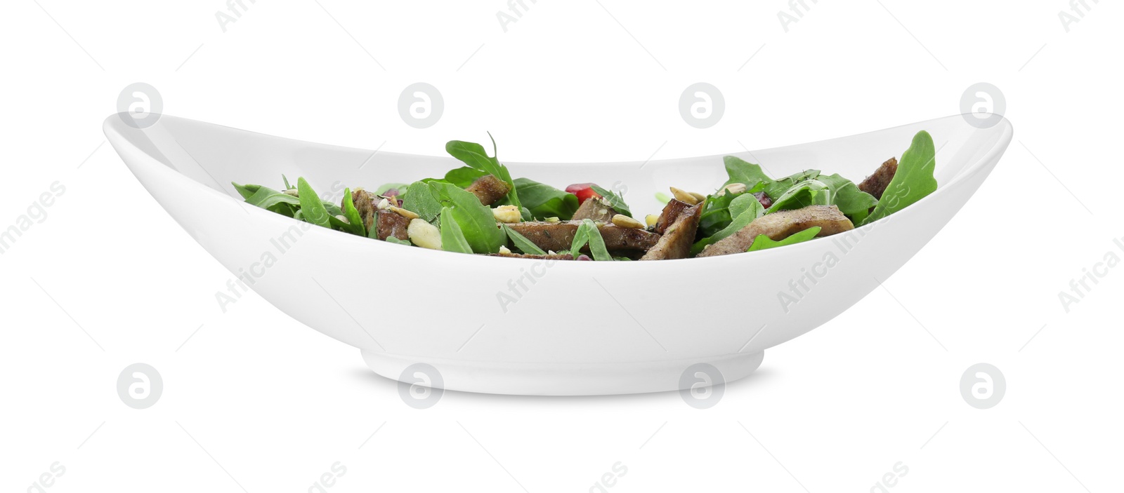 Photo of Delicious salad with beef tongue, arugula and seeds isolated on white