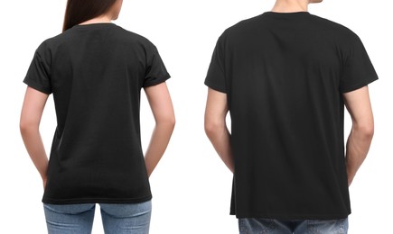 Image of People wearing black t-shirts on white background, back view. Mockup for design