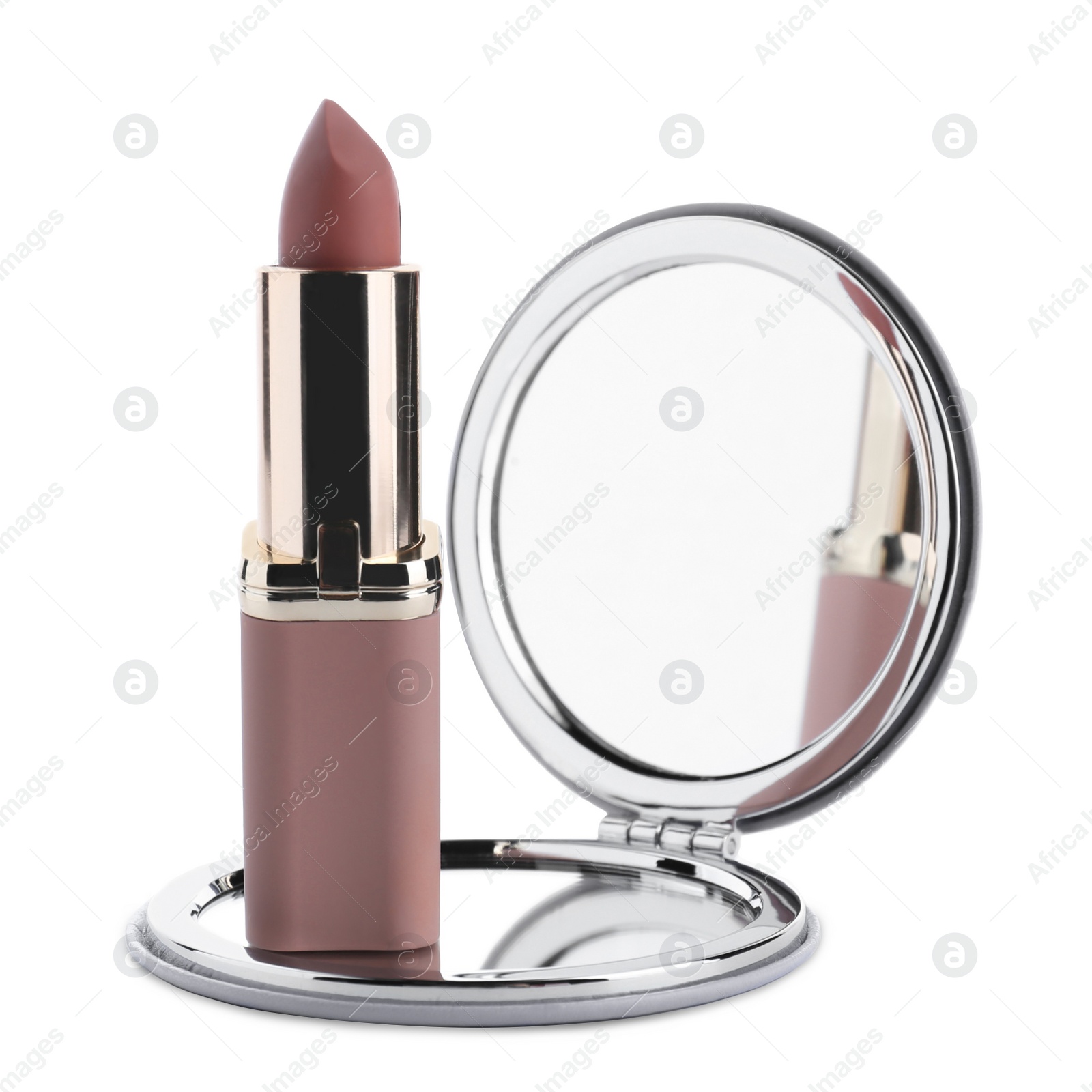 Photo of Stylish cosmetic pocket mirror and lipstick on white background