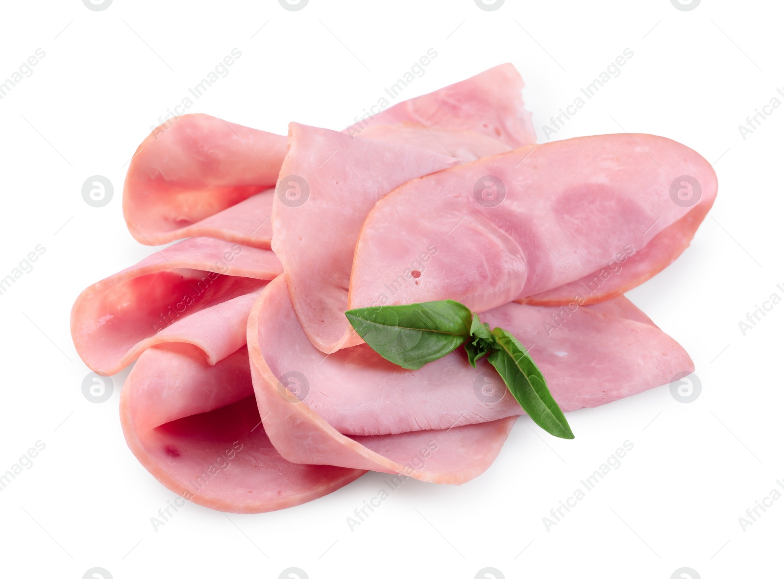 Photo of Slices of tasty ham and basil isolated on white