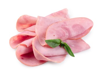 Photo of Slices of tasty ham and basil isolated on white