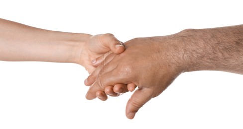 Photo of Woman holding hand of mature man on white background, closeup. Support concept