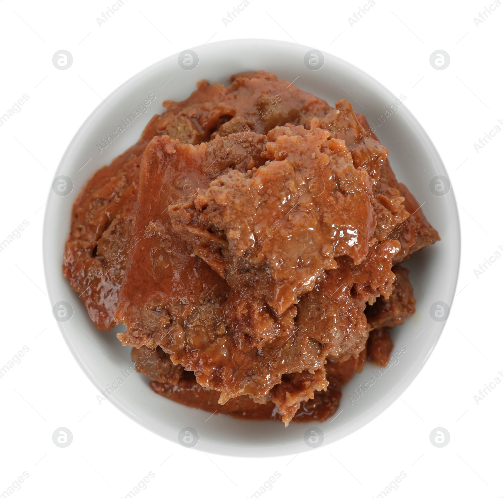 Photo of Saucer with wet pet food isolated on white, top view