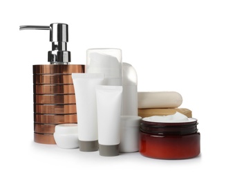 Photo of Different body care products on white background