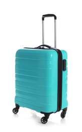 Modern suitcase for travelling on white background