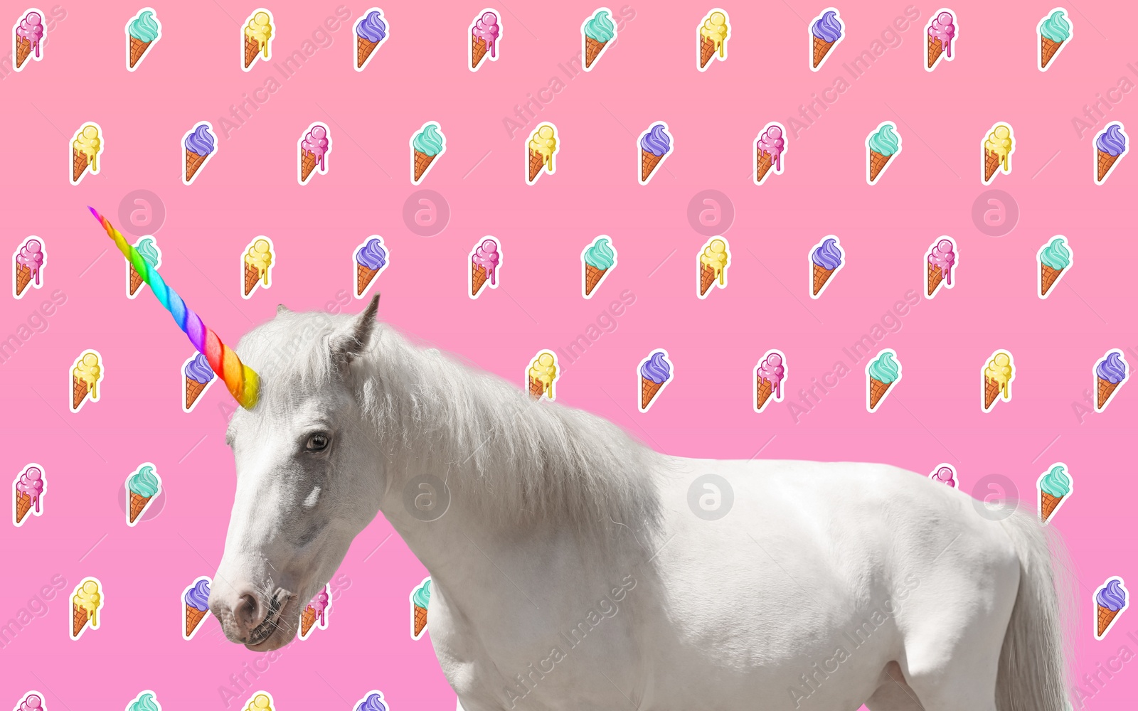 Image of Trendy art collage. Beautiful unicorn on color background