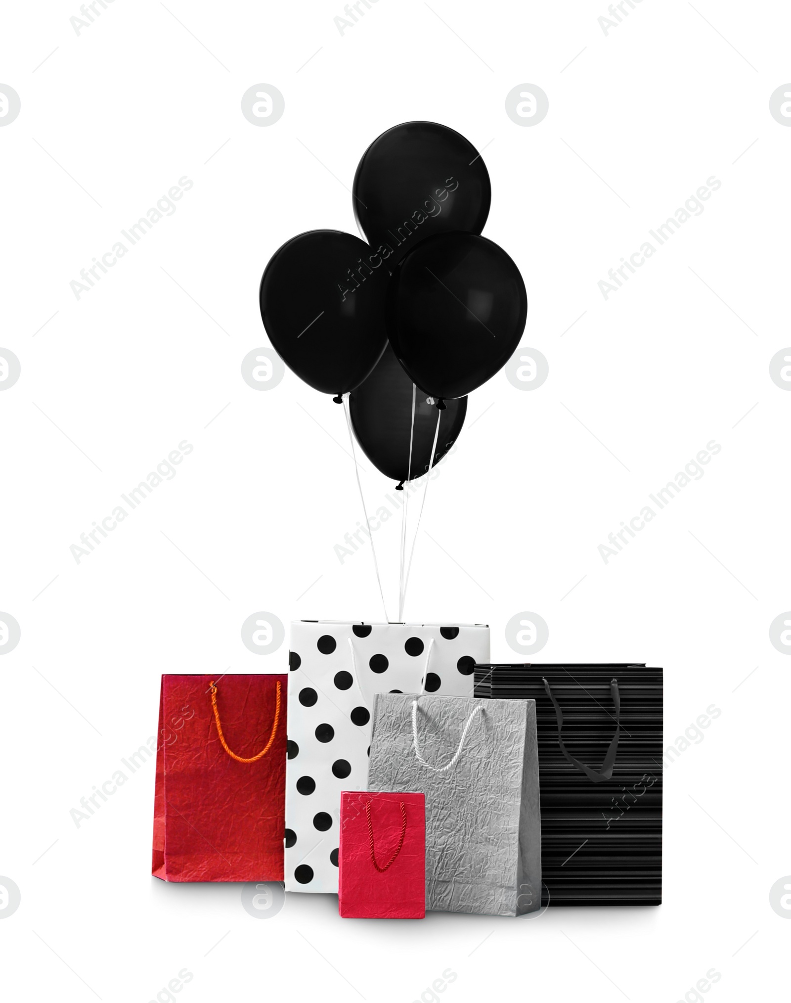 Image of Black Friday concept. Bunch of balloons and shopping bags on white background