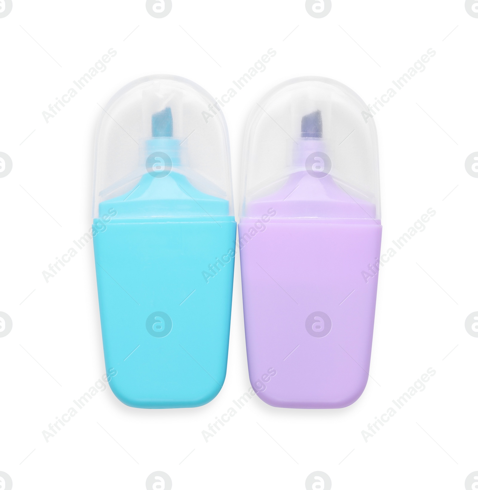 Photo of Two colorful markers on white background, top view