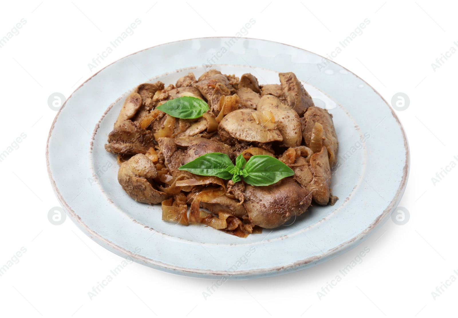 Photo of Plate of delicious fried chicken liver with onion and basil isolated on white