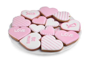 Delicious heart shaped cookies on white background. Valentine's Day