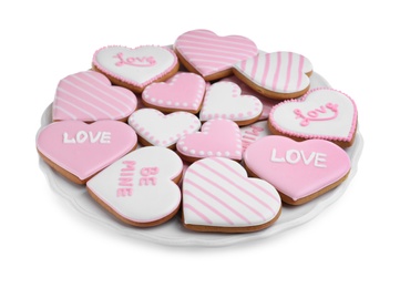 Photo of Delicious heart shaped cookies on white background. Valentine's Day