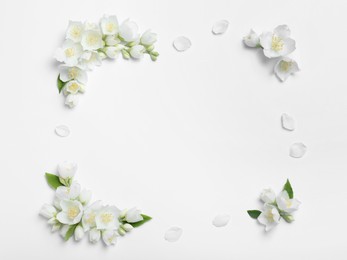Photo of Frame of beautiful jasmine flowers on white background, flat lay. Space for text