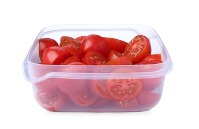 Photo of Fresh cut cherry tomatoes in plastic container isolated on white