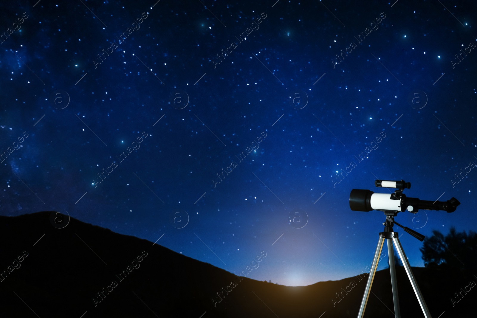 Photo of Modern telescope and beautiful sky in night outdoors. Learning astronomy