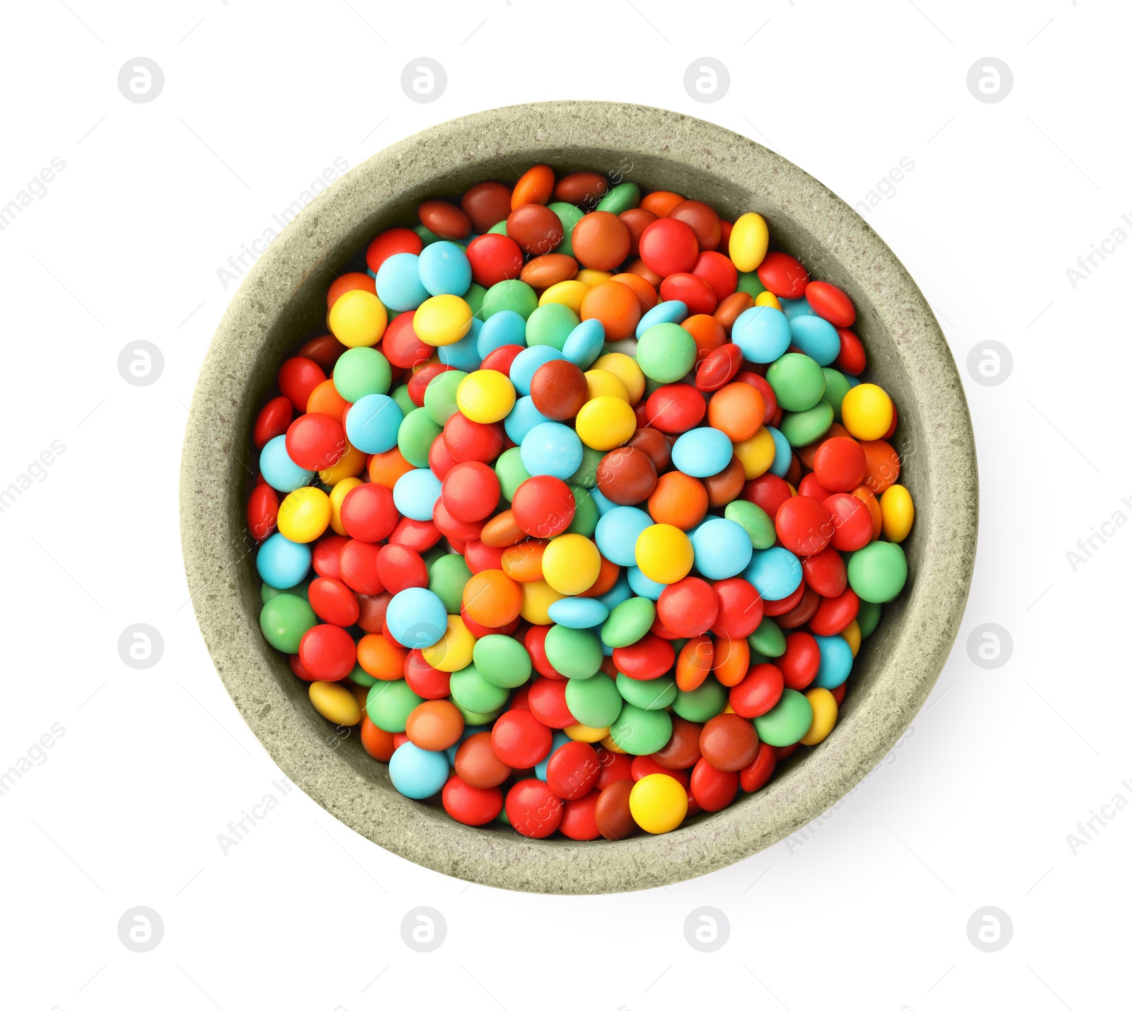 Photo of Bowl with colorful candies isolated on white, top view