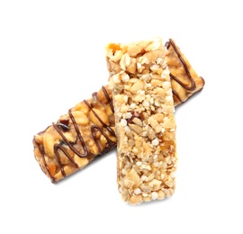 Different grain cereal bars on white background. Healthy snack