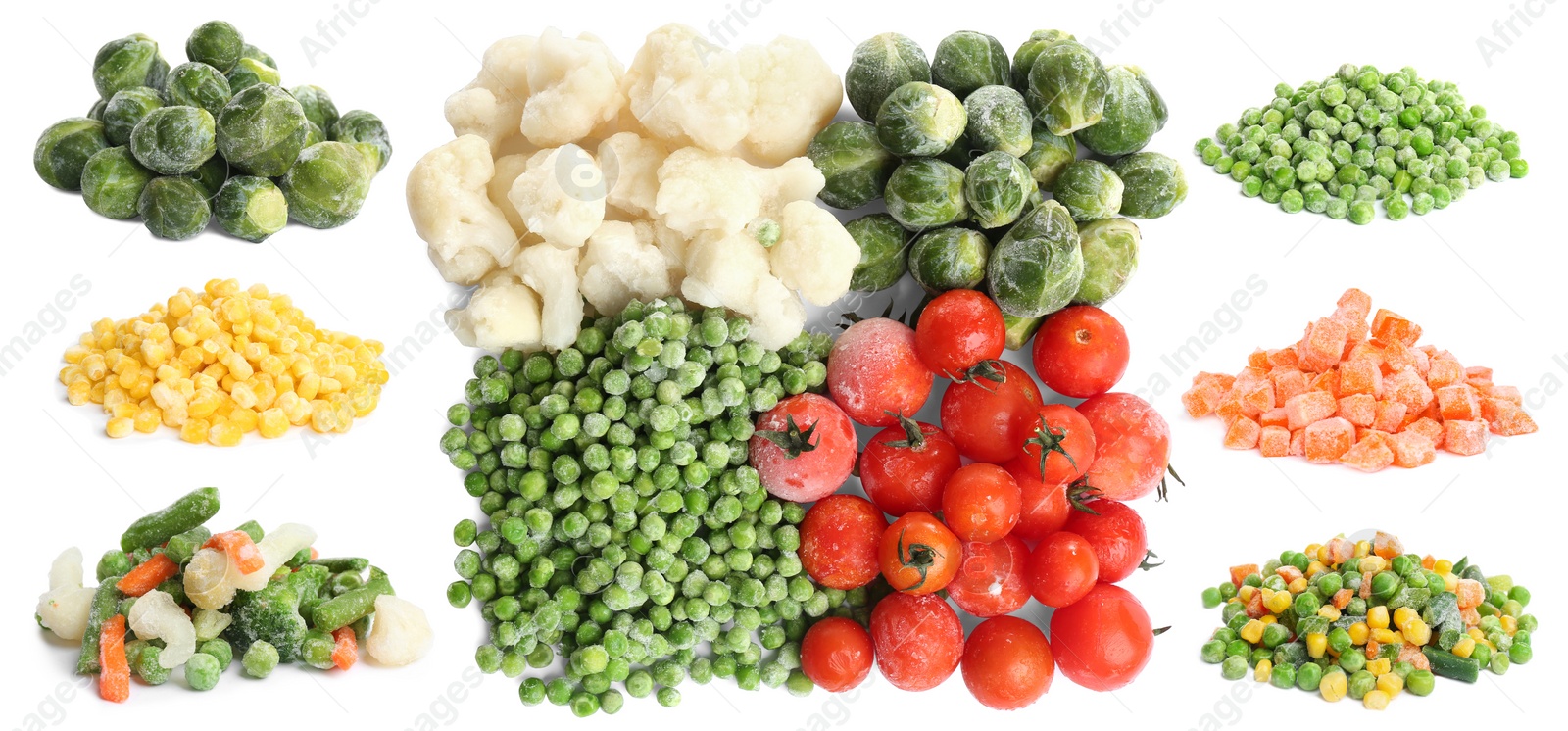 Image of Set of different frozen vegetables on white background